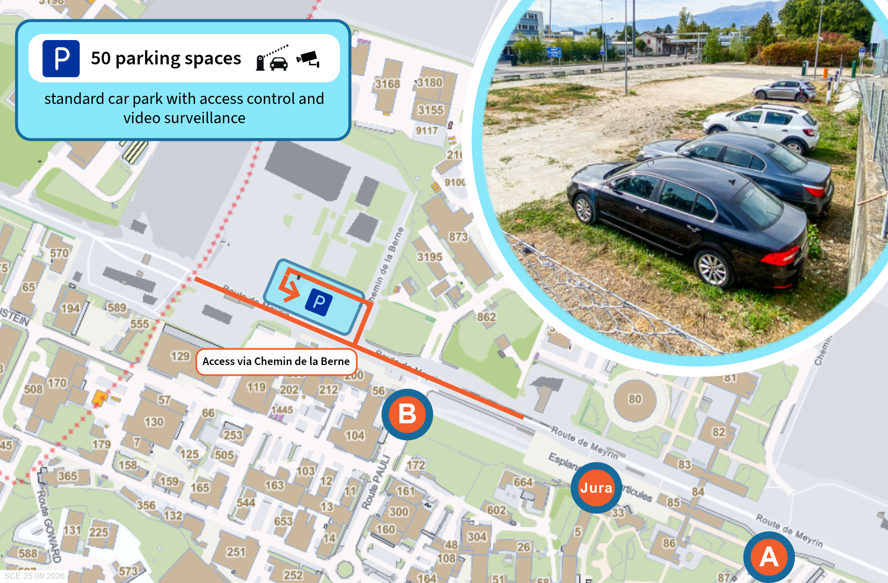 Parking area near the Maisonnex Sports Complex available to the CERN community, accessible via Chemin de la Berne. Equipped with badge and licence plate recognition, it is conveniently located for accessing public transport as part of a professional journey.